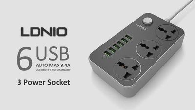 Сетевой фильтр 2 метра LDNIO SC3604 3 евро розетки 220V 6 USB портов