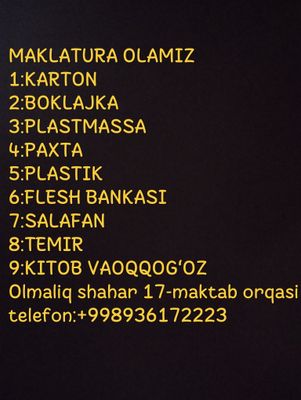 Maklatura olamiz Karton Boklajka Metallom Daladan Paxta Flesh bandasi