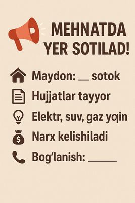 Mehnatda yer sotiladi srochno