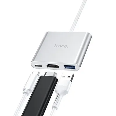 Хаб Hoco Type-C HB14 Easy use USB-C на USB3.0 + HDMI + PD, серебряный