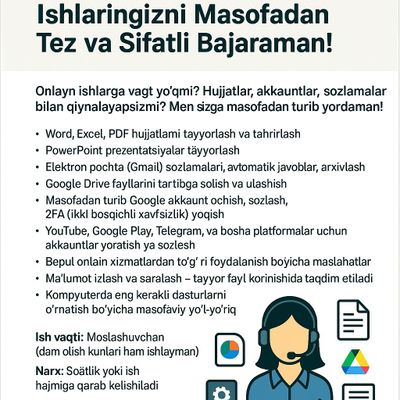 Virtual Yordamchi – Ishlaringizni Masofadan Tez va Sifatli Bajaraman!