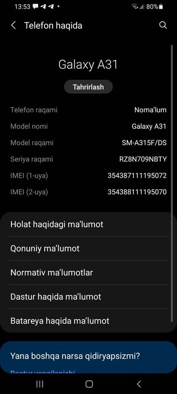 Samsung A31 64 xotira aybi oynagida daz bor