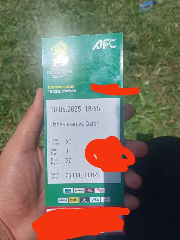 Oʻzbekiston va Qatar oʻyini uchun bilet bor 4 ta yonma yon Oʻzbekiston va Qatar oʻyini uchun bilet bor 4 ta yonma yon