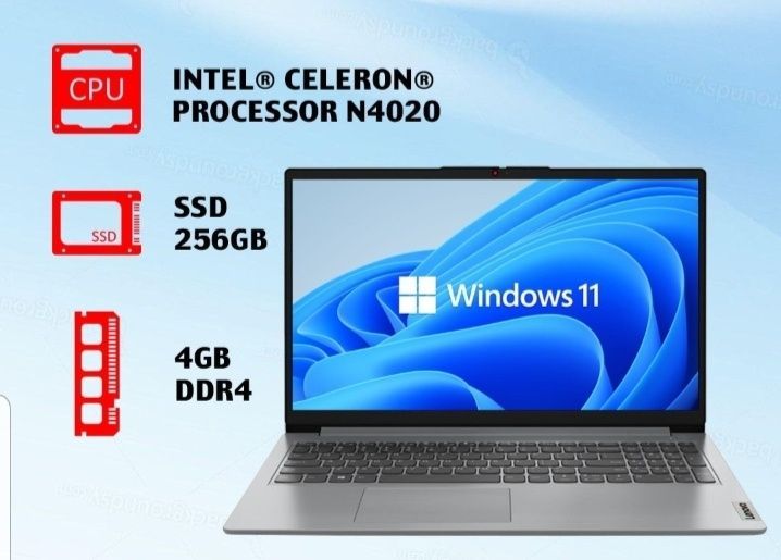 Ноутбук Lenovo Celeron N4020, 256 Гб SSD, 15.6" HD 4 Гб