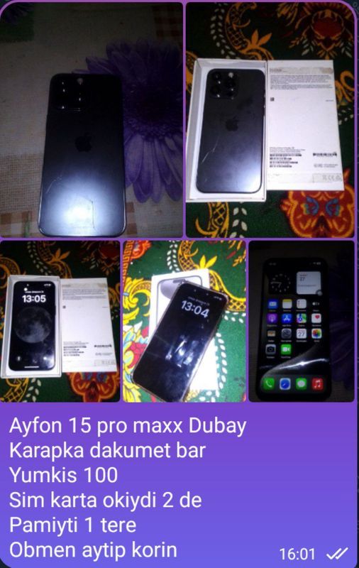 Ayfon 15 por maxx dubay obmen bar( yumkis 100) baxasi 750 pamiti 1 tg