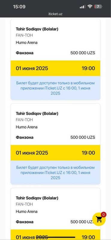 Toxir Sodiqov koncertiga 3ta bilet bor fanzonaga. Toxir Sodiqov koncertiga 3ta bilet bor fanzonaga.