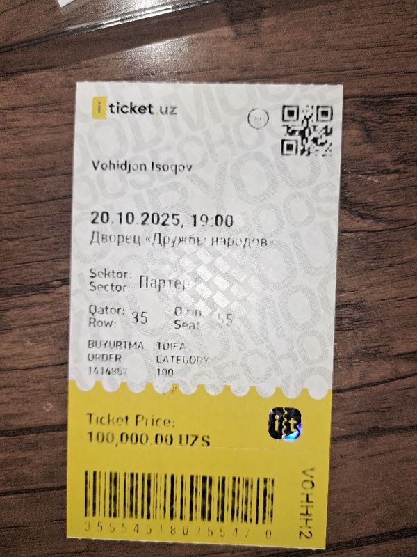 Bilet Konsertga 20-oktabr kuni Xalqlar do‘stligida Bilet Konsertga 20-oktabr kuni Xalqlar do‘stligida