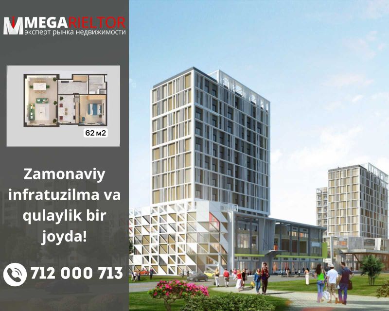 Modern Sergeli • 62 m2 • 2 xonalik shinam xonadon sizni kutmoqda!