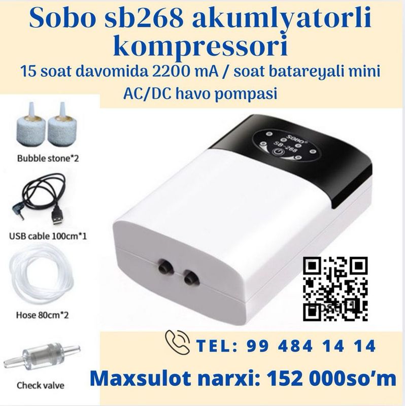 Akvariumlar uchun akumlyatorli kompressor!
