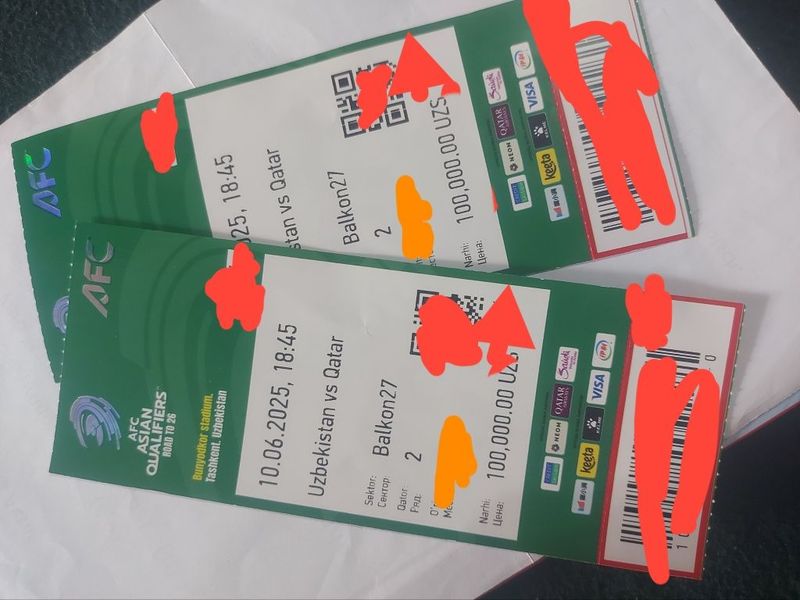 Uz vs Qatar kamfort biletlar 2 ta Uz vs Qatar kamfort biletlar 2 ta