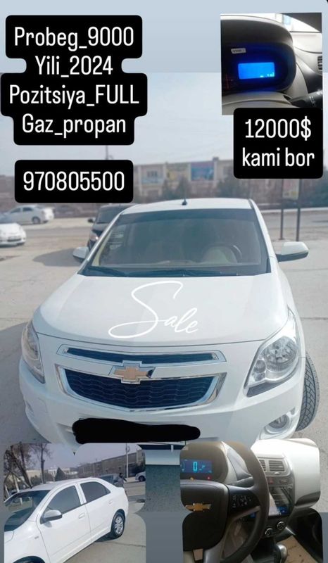 Cobalt chevrolet Probeg_9000 Yili_2024 Pozitsiya_FULL Gaz_propan