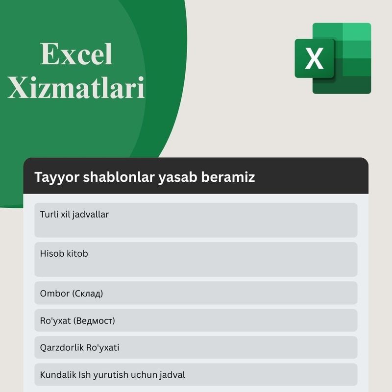 Excell dasturida xizmatlar va shablonlar