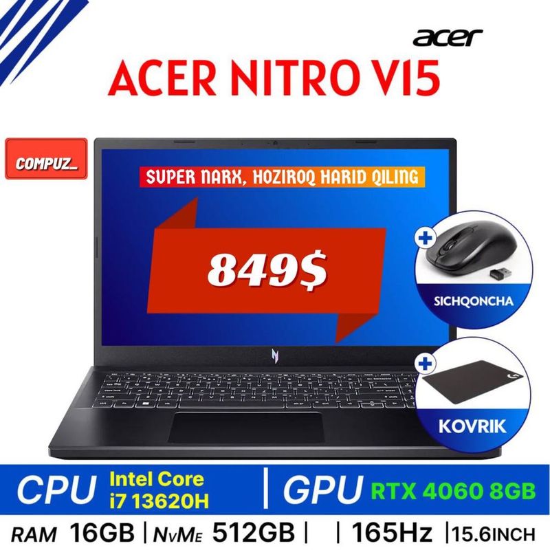 Acer Nitro V 15 i7-13620H 4060 8gb 849$