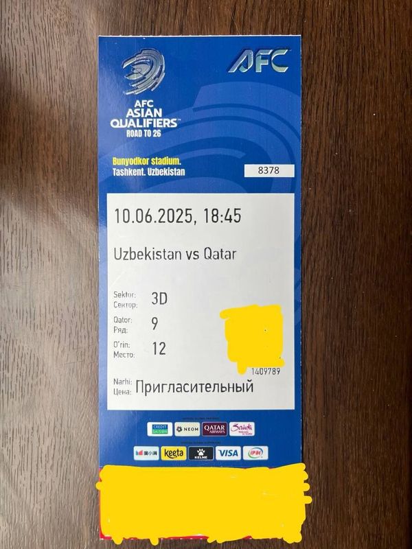 QATAR-UZBEKISTON futbol uyiniga bilet bor QATAR-UZBEKISTON futbol uyiniga bilet bor