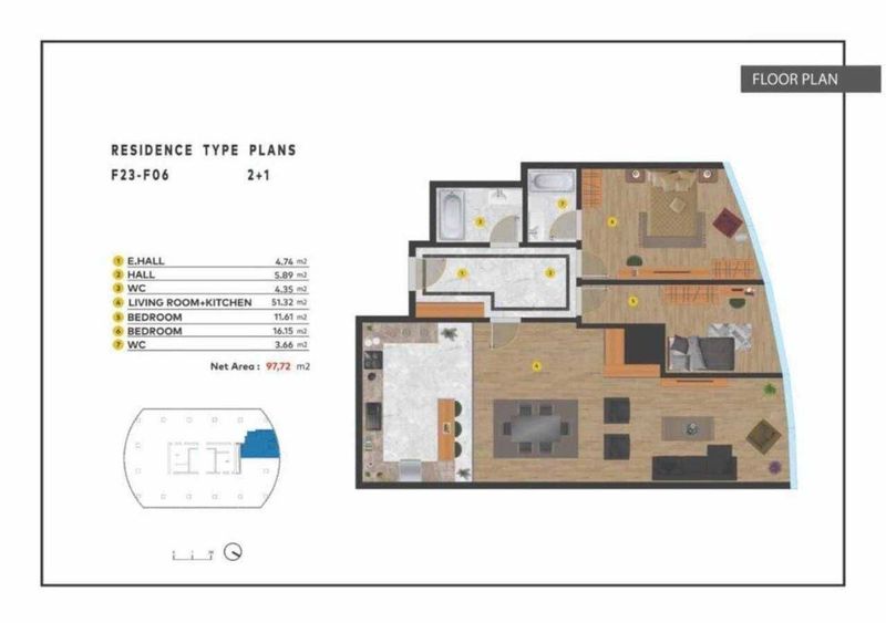 Горячая цена! ЖК "Piramit Tower" 3-х ком. квартира 97,99 м2, коробка