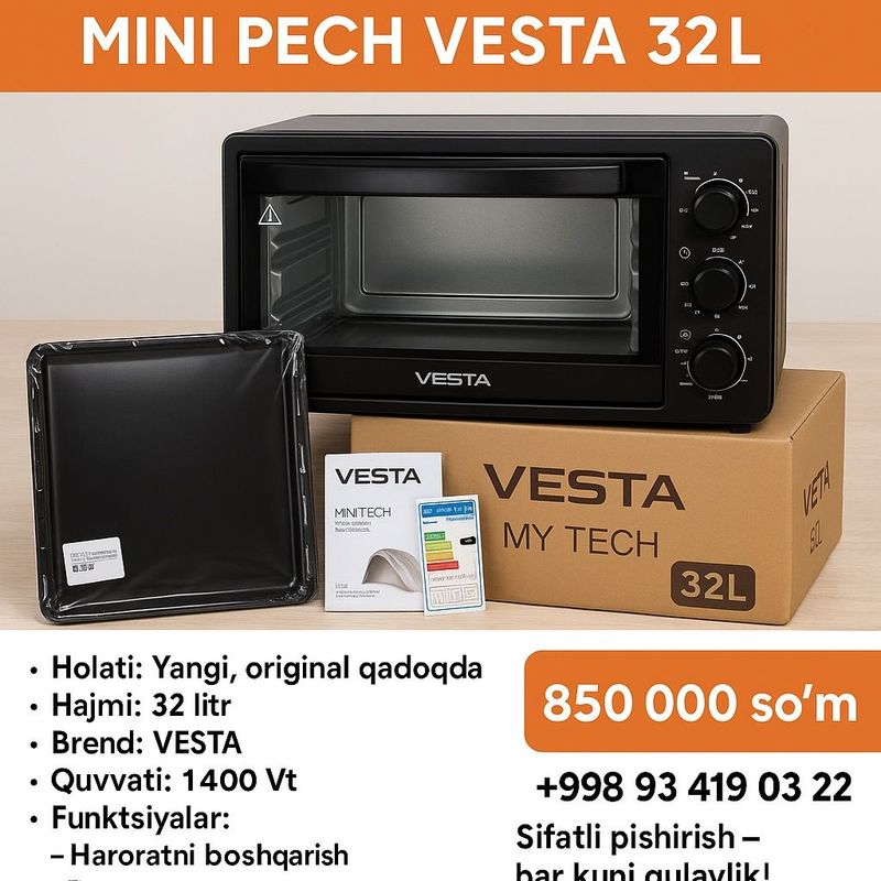 Mini Pech VESTA 32L – Sifatli va Qulay Oshxona Yordamchisi! Mini Pech VESTA 32L – Sifatli va Qulay Oshxona Yordamchisi!