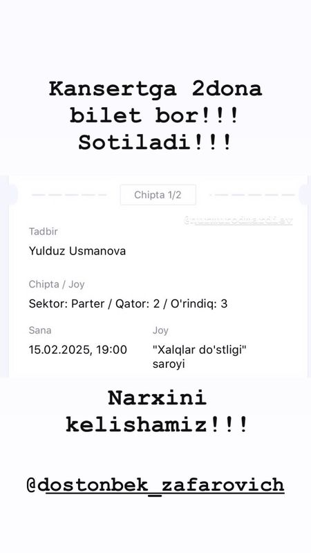 Yulduz Usmonova konsertiga 2-qatordan bilet!!! 15-fevral 2025-yil