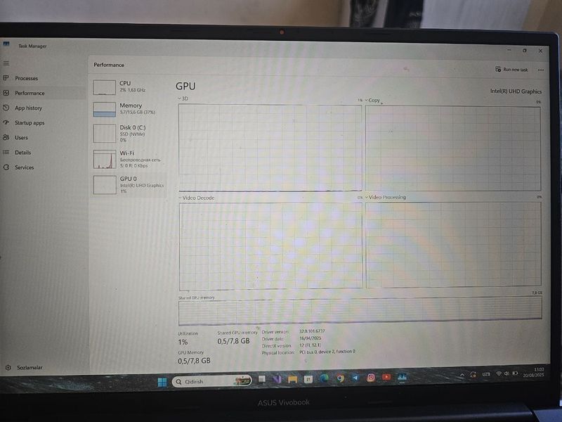 Asus vivobook intel core i7 13700H protsessor ddr4 16GB tezkor xotira