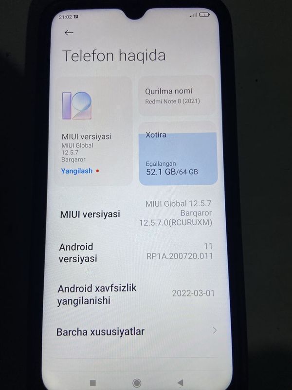 Redmi not 8 64gb 2021 aybi yuq narxi 900 ming