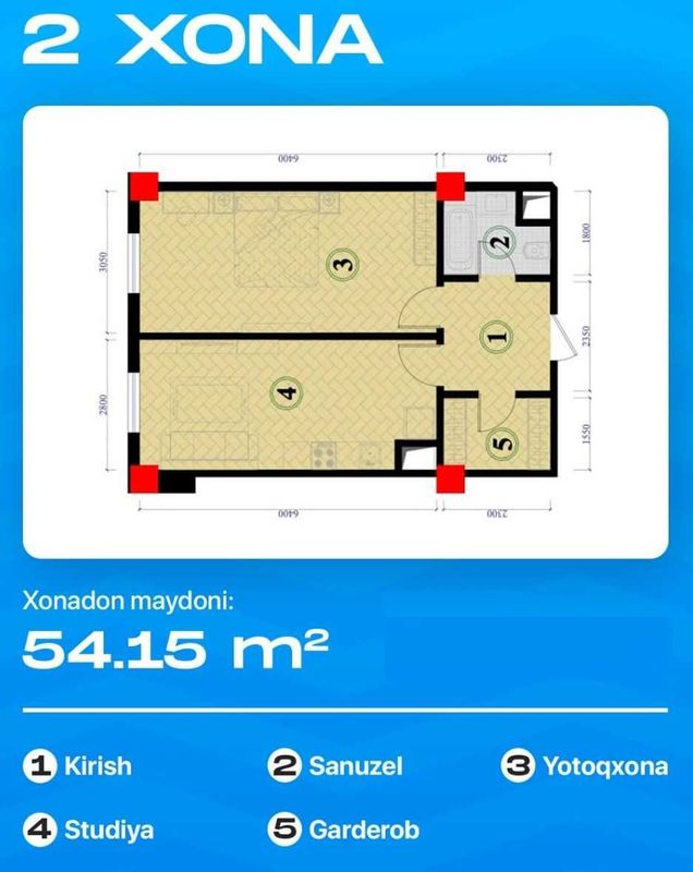 Кв в Яшнабадском районе в жк Алмаз Товер 2-х комнатная 54.15м2 Коробка