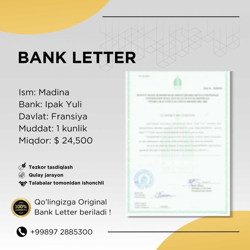 Chet elda o'qish uchun bir kunlik Bank letter xizmati