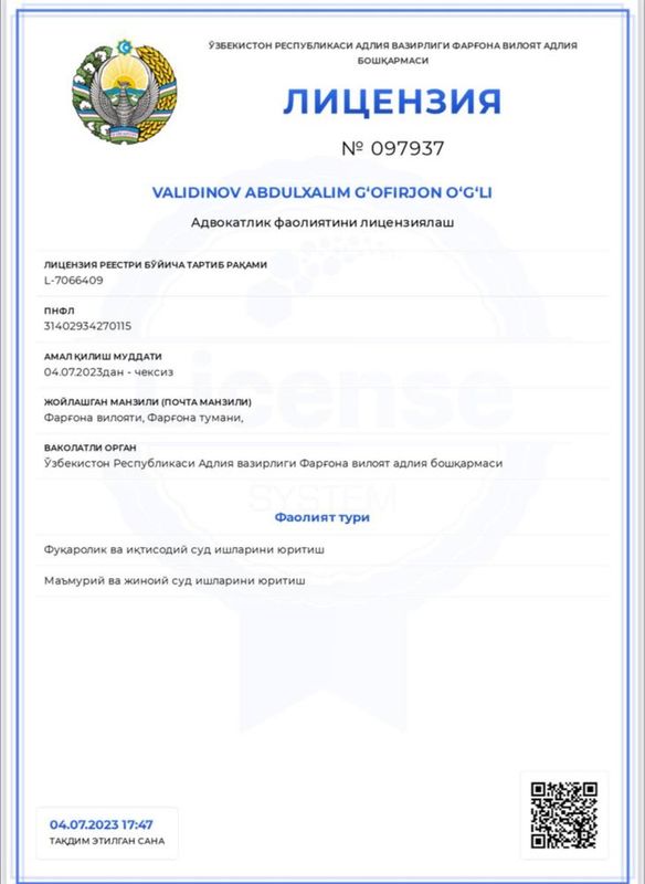 Advokat Abdulxalim oilaviy advakat xizmati huquqiy himoya jinoyat ishi Advokat Abdulxalim oilaviy advakat xizmati huquqiy himoya jinoyat ishi