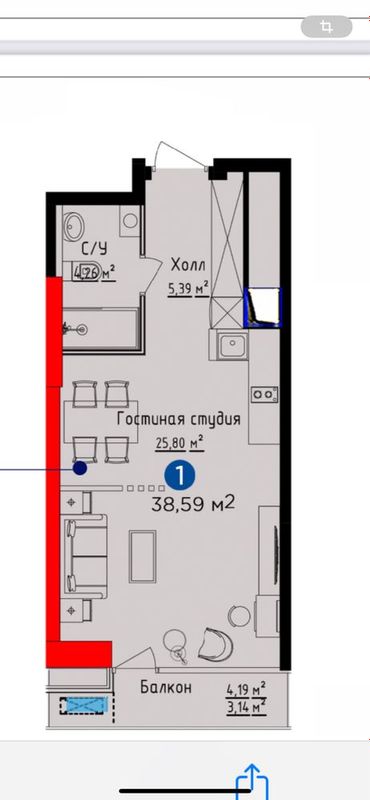 NRG U TOWER , 1 комнатная , студия, 25 этаж