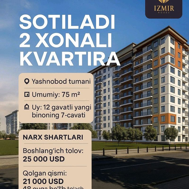 Toshkent da 2xonalik 7 qavat 75m2 uy sotiladi Toshkent da 2xonalik 7 qavat 75m2 uy sotiladi