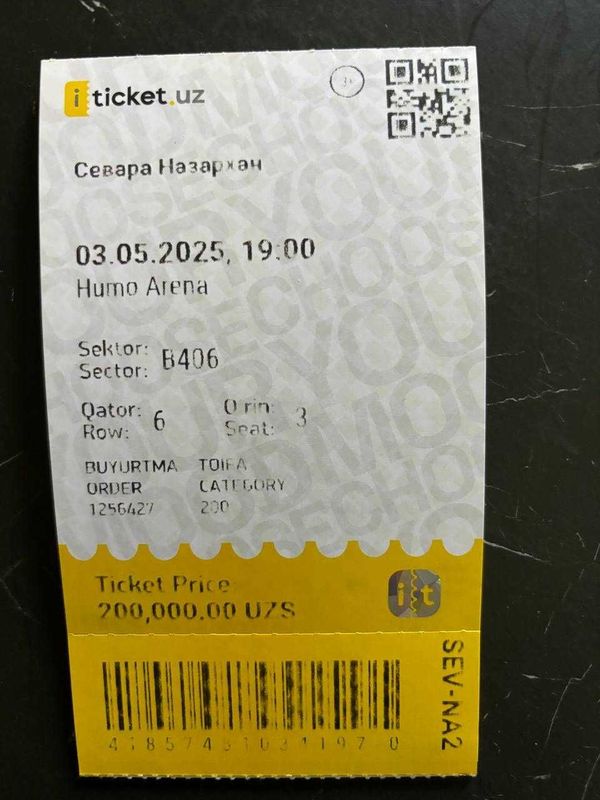Sevara Nazarxon konsertiga bilet, chipta 3-may, 200 ming Sevara Nazarxon konsertiga bilet, chipta 3-may, 200 ming