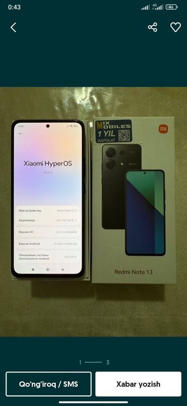 Redmi Note 13 Xotira 6/128GB Xolati ideal hamma joyi radnoy Rangi qora