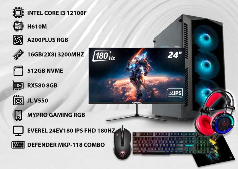 Игровой комплект H610/i3-12100F/RX580/16GB/512GB/24 "180HZ/Klava mish Игровой комплект H610/i3-12100F/RX580/16GB/512GB/24 "180HZ/Klava mish