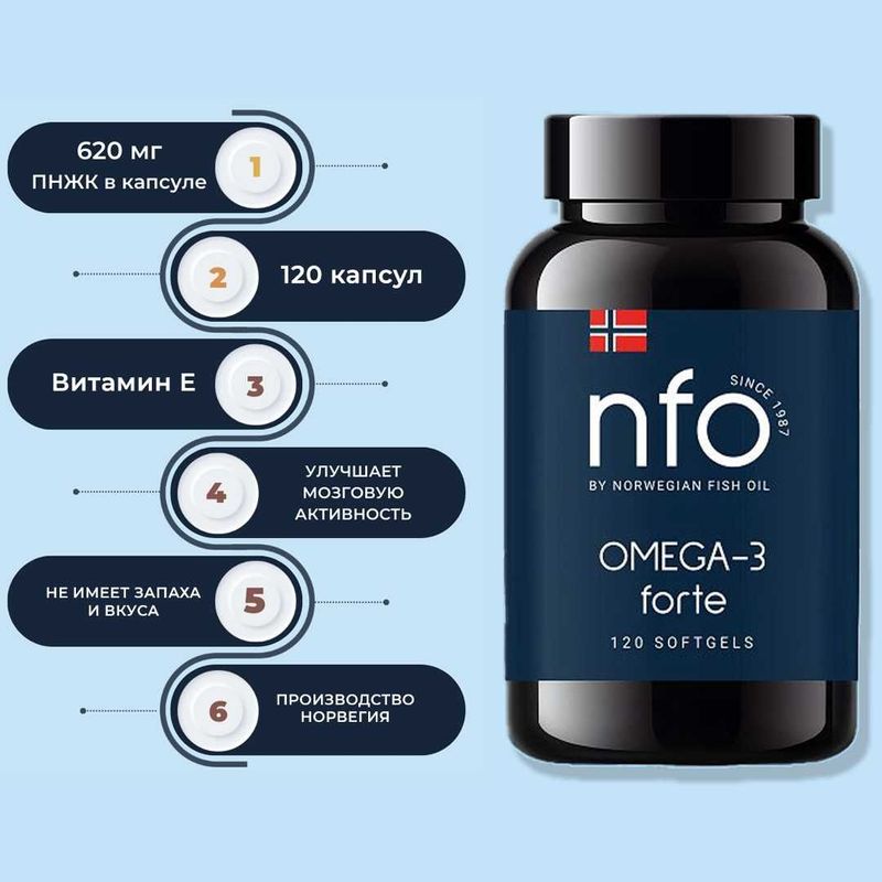 ОМЕГА-3 NORWEGIAN FISH OIL (NFO) Forte 120 капсул, Норвегия