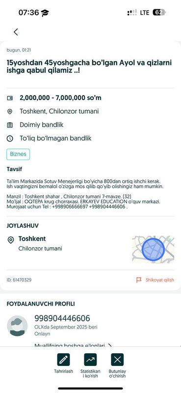 15yoshdan 45yoshgacha ishga qabul qilamiz . Ishchi kerak 15yoshdan 45yoshgacha ishga qabul qilamiz . Ishchi kerak