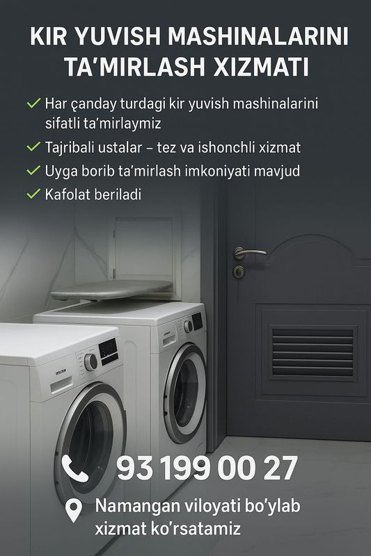 Barcha turdagi avtomat pol avtomat kir moshinalarini kafolatli ta'mirlab beramiz Barcha turdagi avtomat pol avtomat kir moshinalarini kafolatli ta'mirlab beramiz
