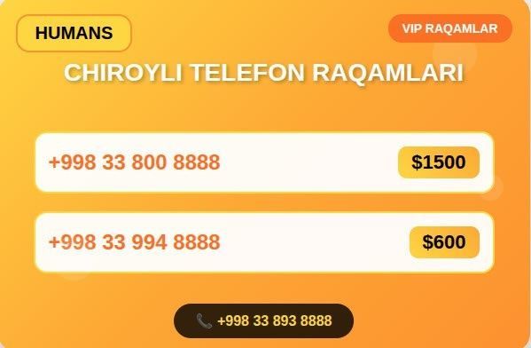 Chiroyli telefon raqamlari sotiladi Chiroyli telefon raqamlari sotiladi