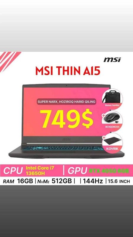 Msi Thin i7 Pro 13620H 4050 6gb 749$