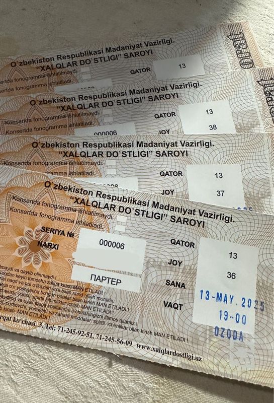 Ozoda Nursaidova 13-may 4 ta bilet bor yonma yon joy Ozoda Nursaidova 13-may 4 ta bilet bor yonma yon joy