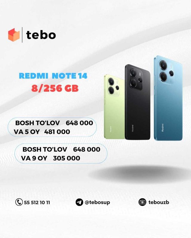 Redmi NOTE 14 8/256 GB Muddatli to'lovga