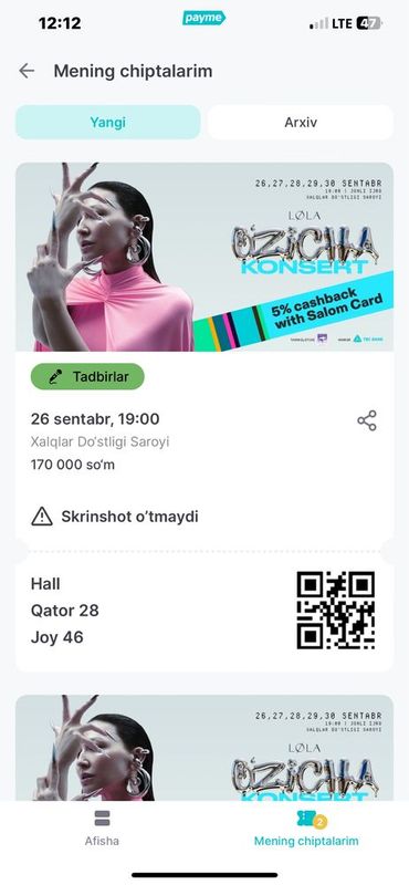 Lola “O’zicha” konsert dasturi uchun bilet 31 qator 5 joy