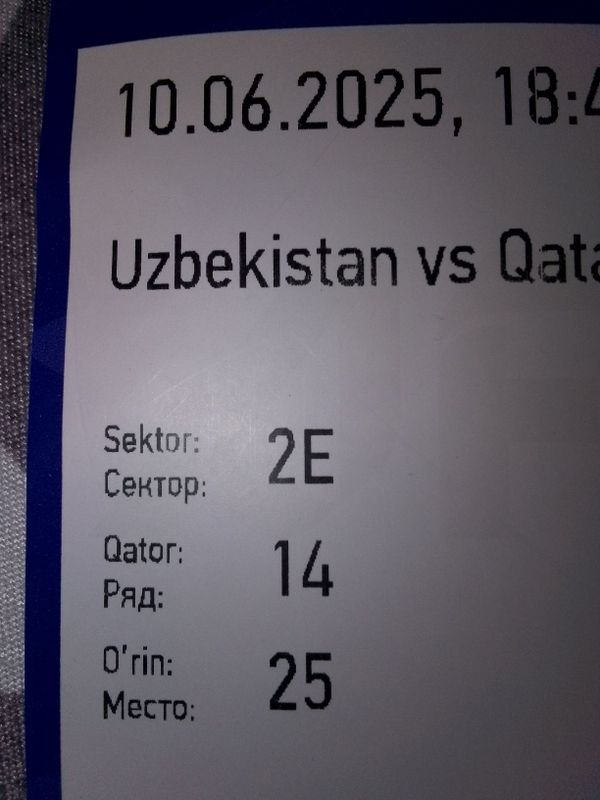 UZB QAT oʻyinig bilet bor 1 dona UZB QAT oʻyinig bilet bor 1 dona