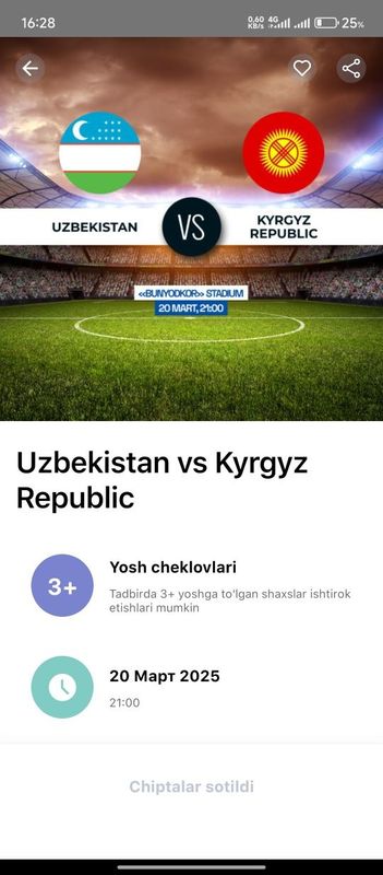 Uzbekistan vs Qirgʻiziston biletlari bor 8 H