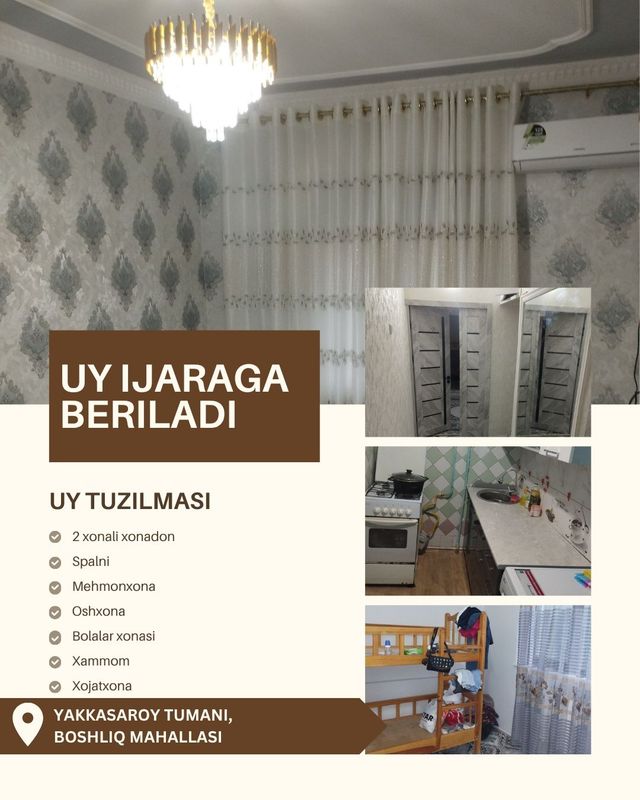 Toshkent shahri Yakkasaroy tumanida 2 xonali kvartira ijaraga beriladi