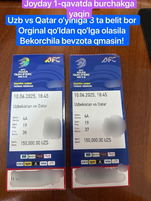 Uzbekistan va Qatar 1-qavatdan 3 ta bilet bor Manzil:Tosh Yakkasaroy T Uzbekistan va Qatar 1-qavatdan 3 ta bilet bor Manzil:Tosh Yakkasaroy T
