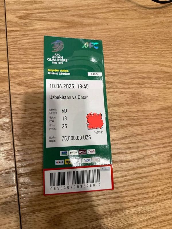 Uzbekistan Vs Qatar uchun bilet 5 ta bor 6d dan Uzbekistan Vs Qatar uchun bilet 5 ta bor 6d dan