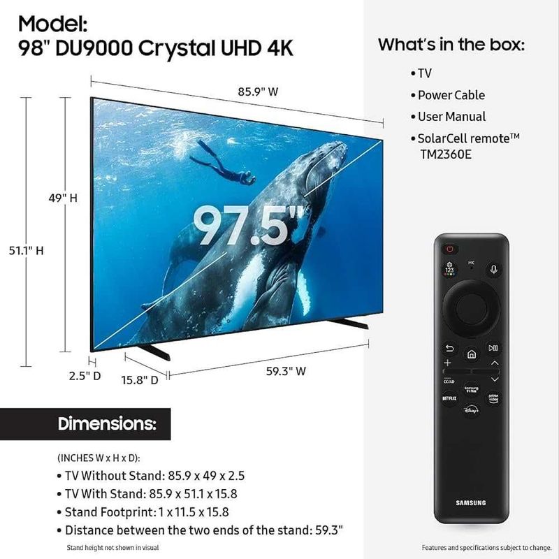 98-дюймовый телевизор Samsung DU9000 Crystal UHD 4K Smart TV Original