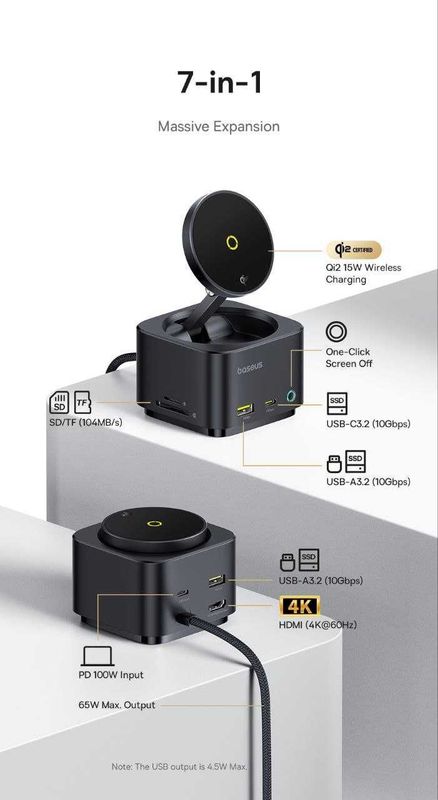 Baseus Hub 7 в 1 Usb 3.2 Hdmi 60Hz + 15w Беспроводная зарядка Baseus Hub 7 в 1 Usb 3.2 Hdmi 60Hz + 15w Беспроводная зарядка