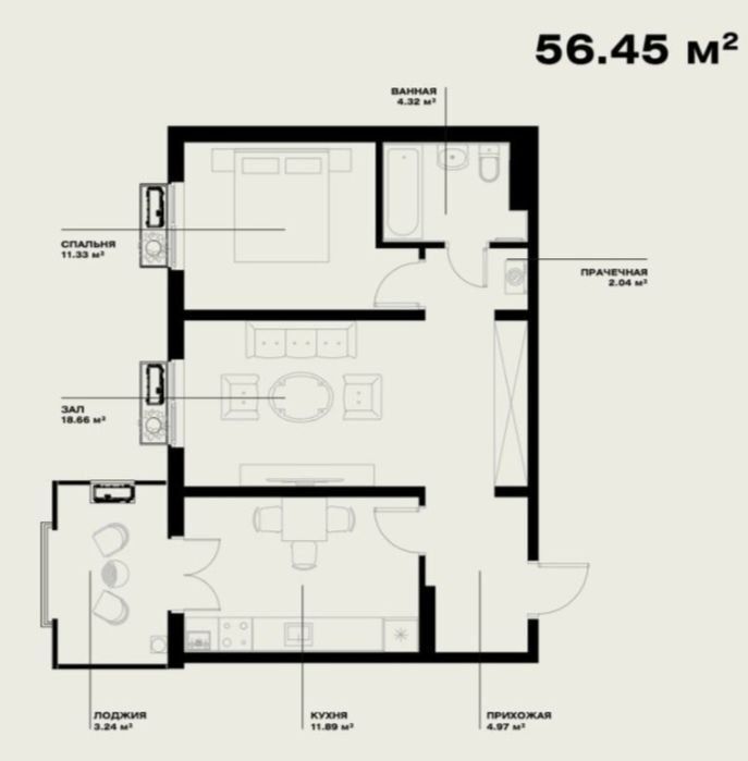 ЖК ОЗ-Макон Площадь: 56.45м²