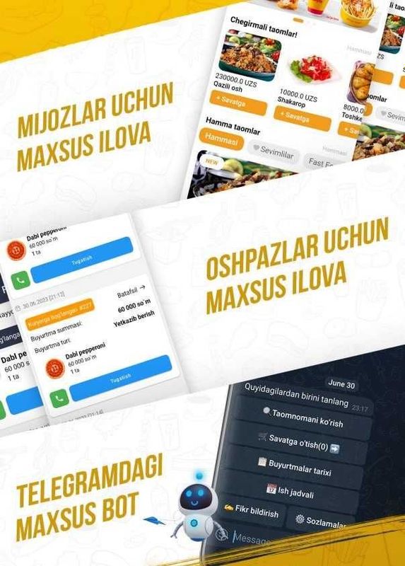 Restoran va Kafelar uchun Telegram Bot , Android , iOS mobil ilovalar