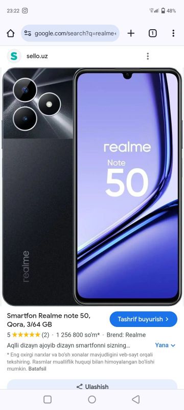 Realme Note 50 3/64 yangi karobka dakument bor 4sentabrda ochilgan