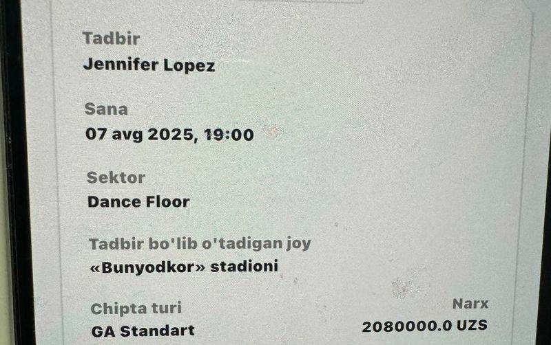 Билет на концерт JLO,Dance floor Билет на концерт JLO,Dance floor